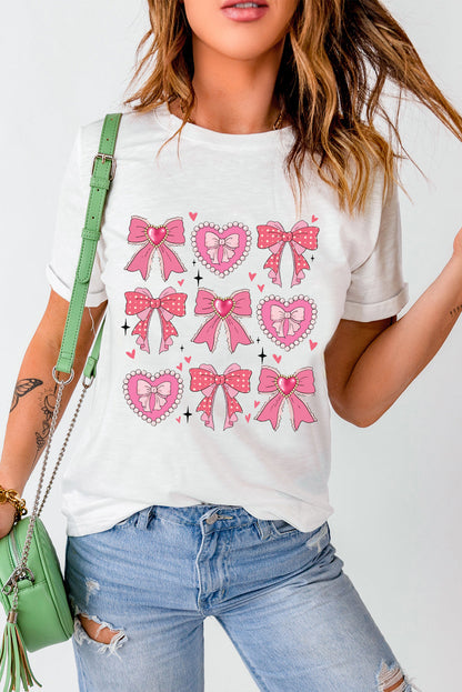 White Sweet Bow Heart Shaped Print Crew Neck Casual Tee