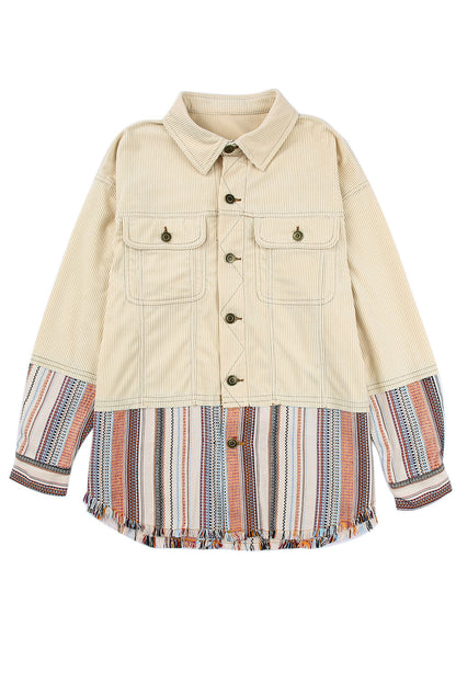 Button Up Pockets Striped Color Block Corduroy Jacket