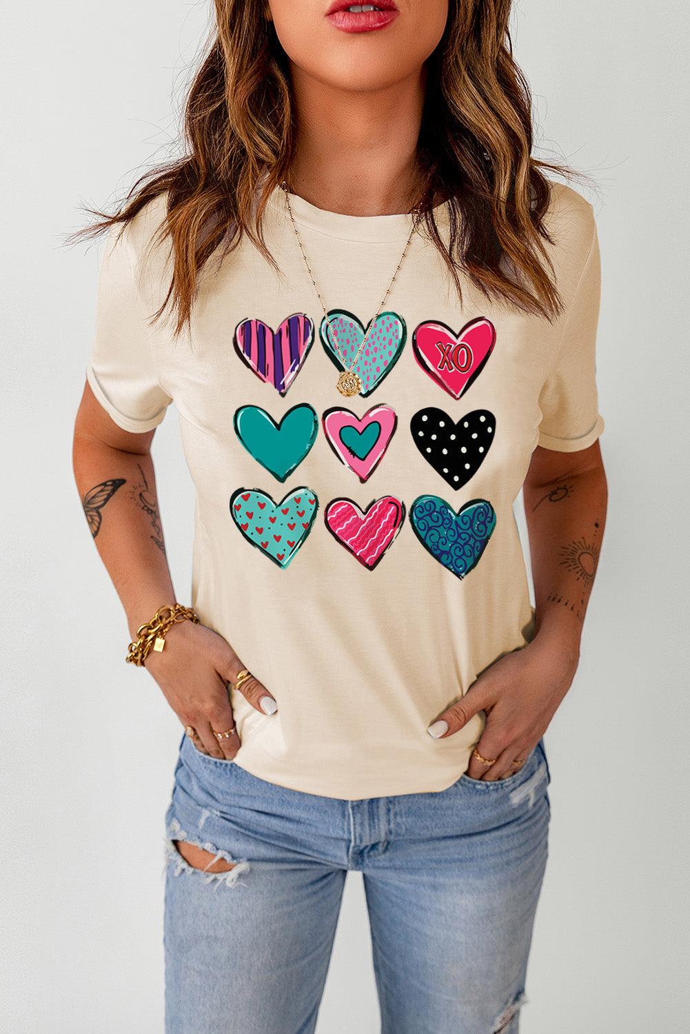 Khaki Valentines Multi Pattern Heart Shape Graphic T Shirt