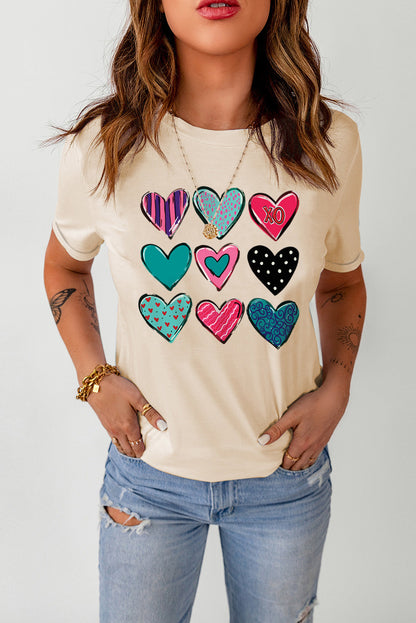 Khaki Valentines Multi Pattern Heart Shape Graphic T Shirt