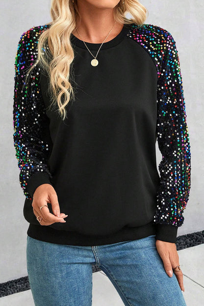 Black Sequin Raglan Sleeve Crewneck Pullover Sweatshirt