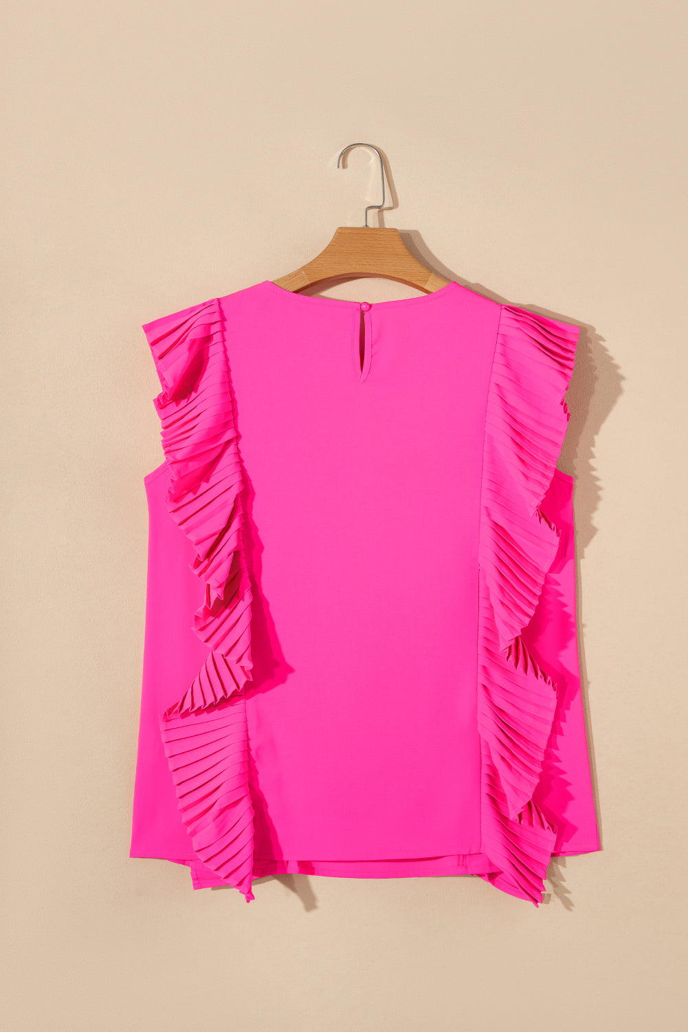 Bright Pink Pleated Ruffle Patchwork Sleeveless Blouse