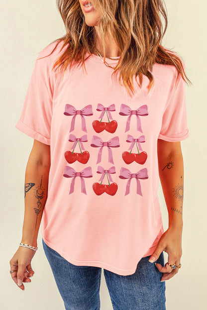 Pink Bow Cherry Print Crew Neck Casual T Shirt