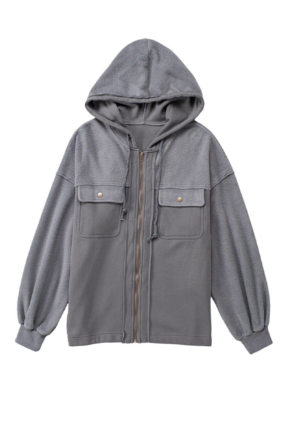 Gray Flap Pocket Drawstring Hood Zip Up Jacket