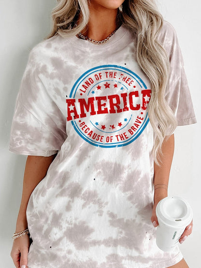 American Flag Distressed Tie-dye Graphic Tee - White Oversized Casual T-shirt