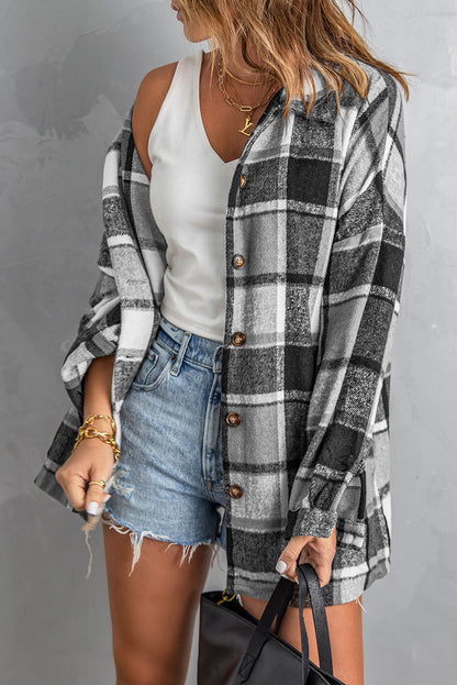 Gray Plaid Print Buttoned Shirt Jacket