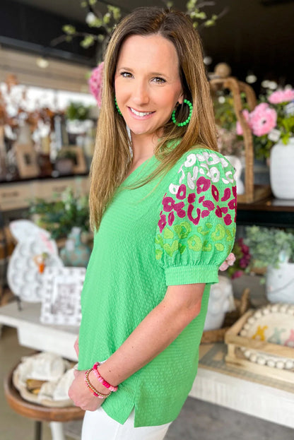 Green Leopard Printed Bubble Sleeve V Neck Blouse