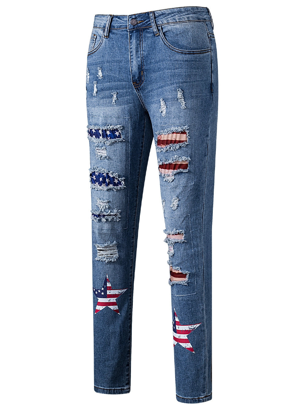 American Flag Graphic Patched Distressed Jeans in Sky Blue