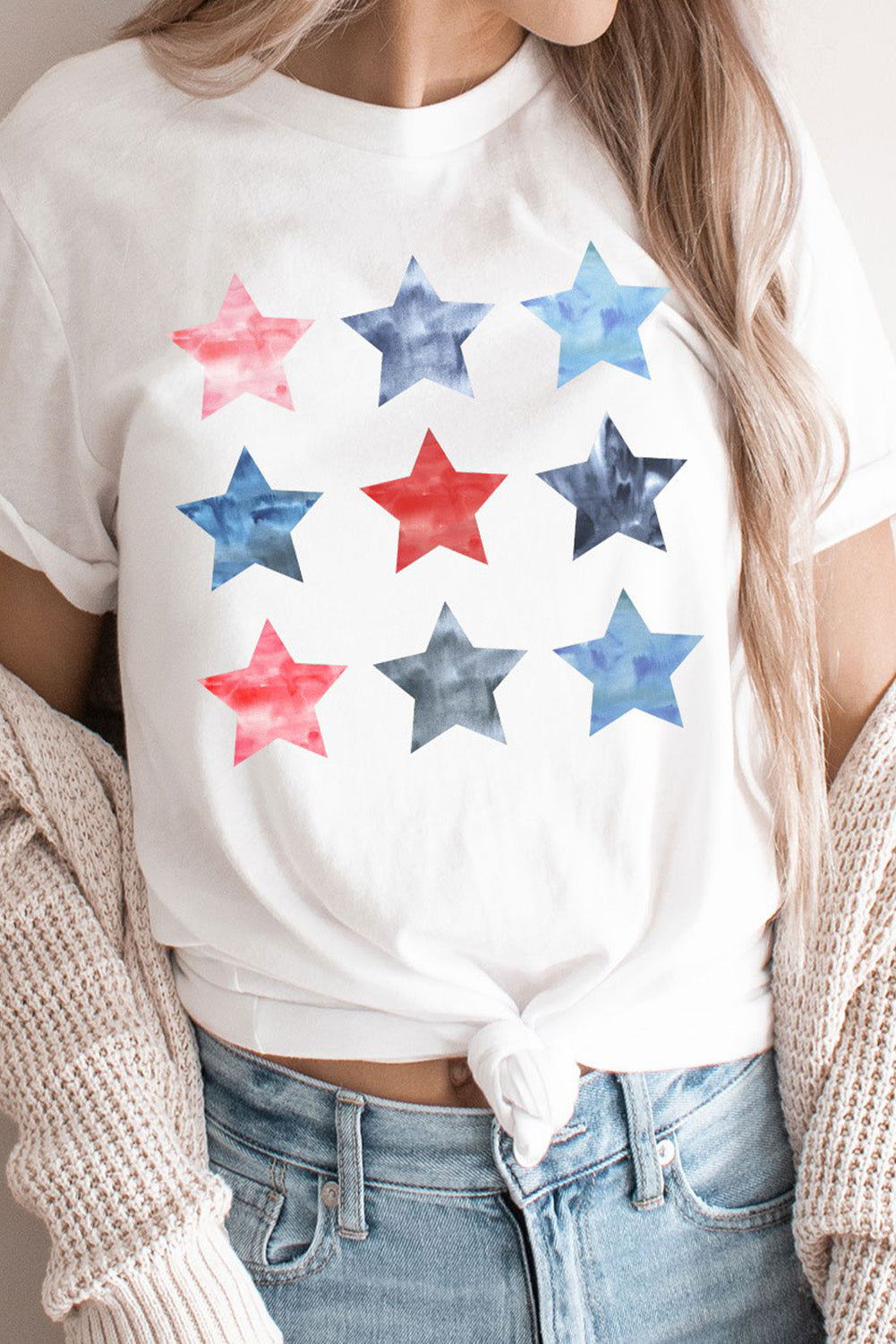 White Flag Day Stars Print Crew Neck T Shirt