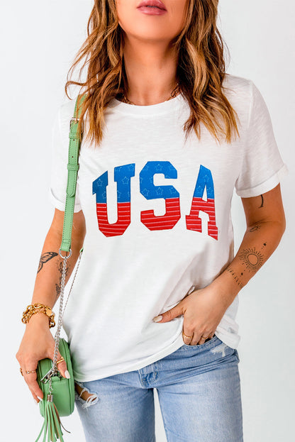 White USA Star and Striped Embroidered Crewneck T-Shirts