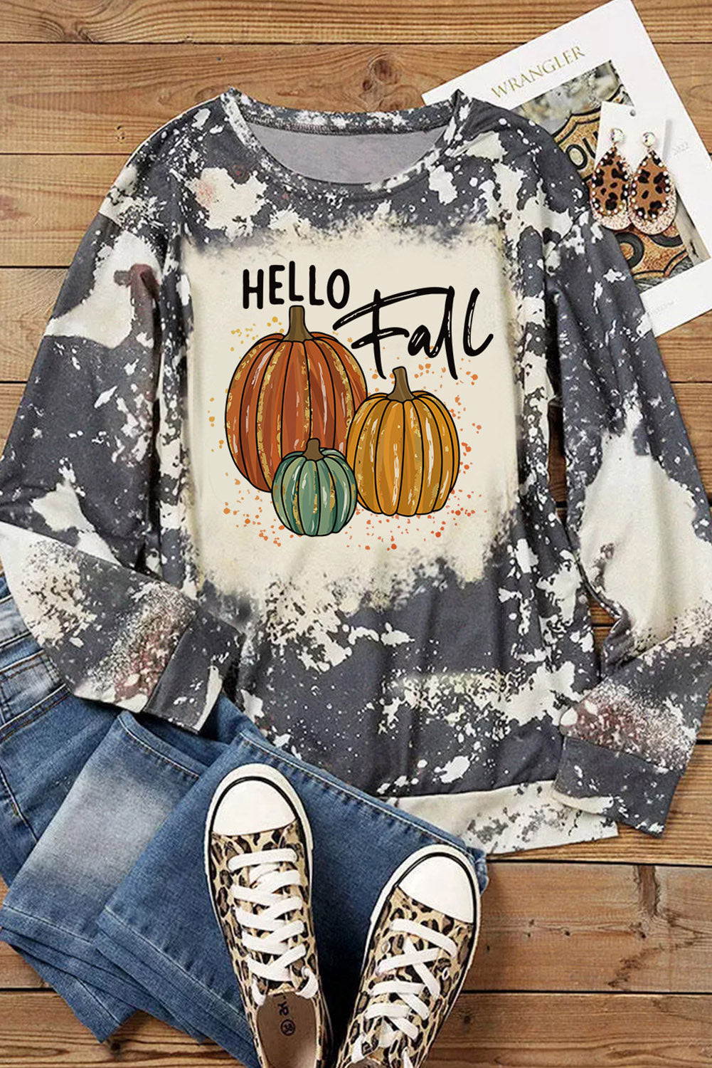 Multicolor Hello Fall Pumpkin Graphic Tie Dye Long Sleeve Top