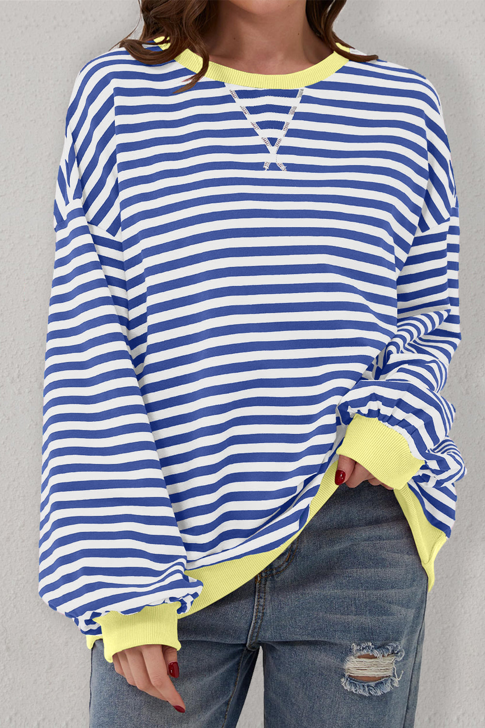 Blue Stripe Oversized Contrast Trim Pullover Sweatshirt