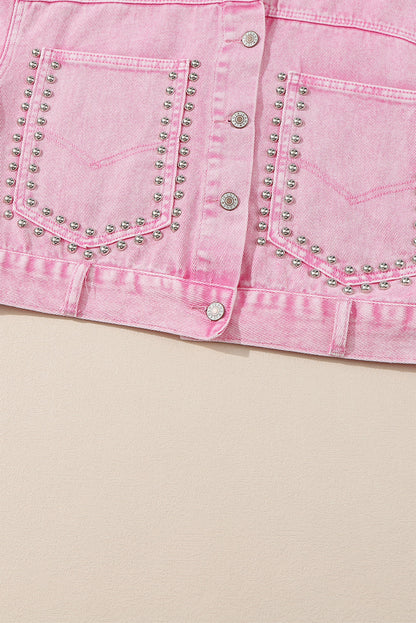 Pink Rivet Studded Pocketed Denim Jacket