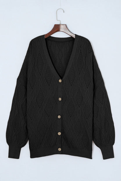 Black Plus Size Knitted Hollow out Button up Cardigan