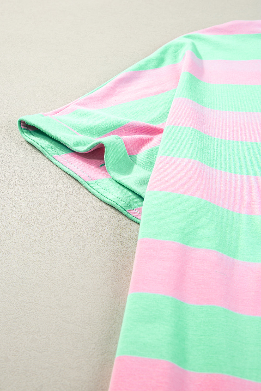 Pink Stripe Colorblock Cuffed Sleeve Loose Tee