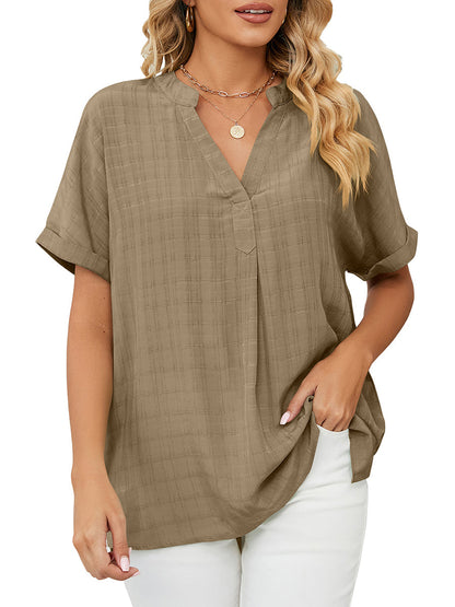 T-Shirts - Solid V-Neck Loose Short Sleeve T-Shirt - MsDressly