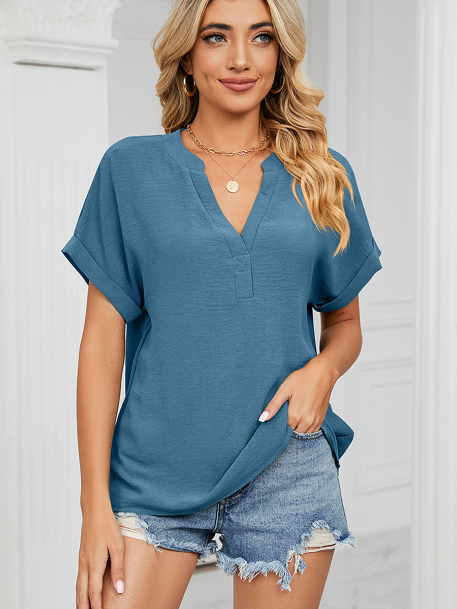 T-Shirts - Solid Color V-Neck Loose Short Sleeve Chiffon T-Shirt - MsDressly