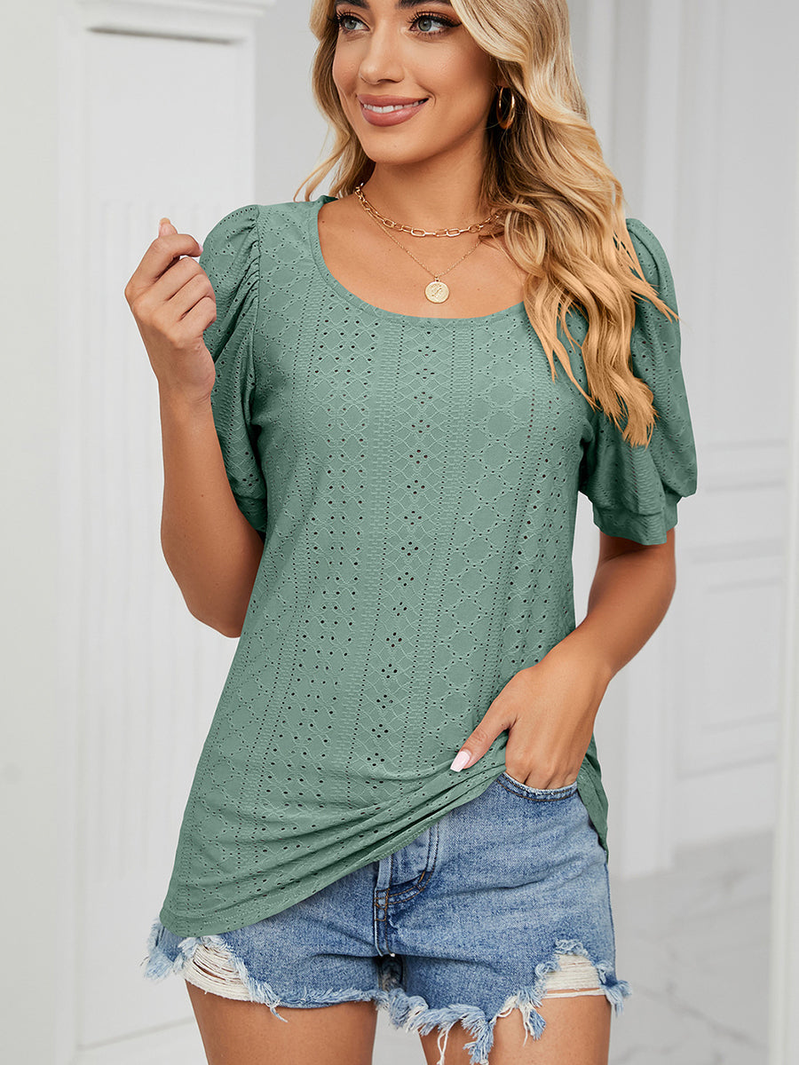 Blouses - Casual Round Neck Solid Color Hollow Loose T-Shirt - MsDressly