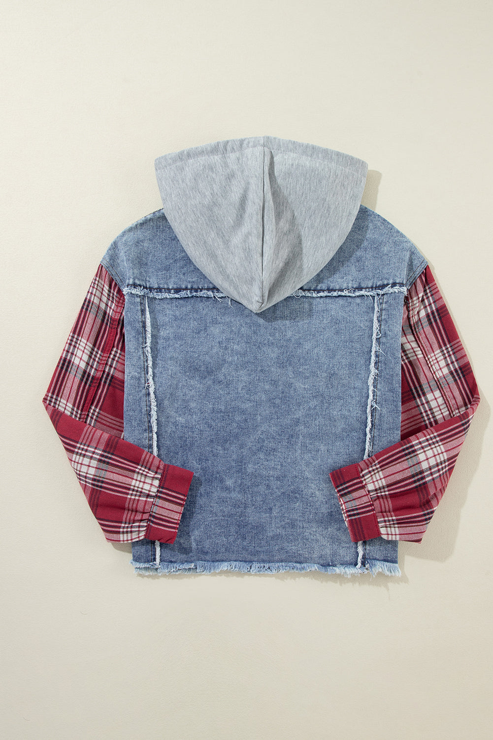 Beau Blue Plaid Print Patchwork Hooded Raw Hem Denim Jacket