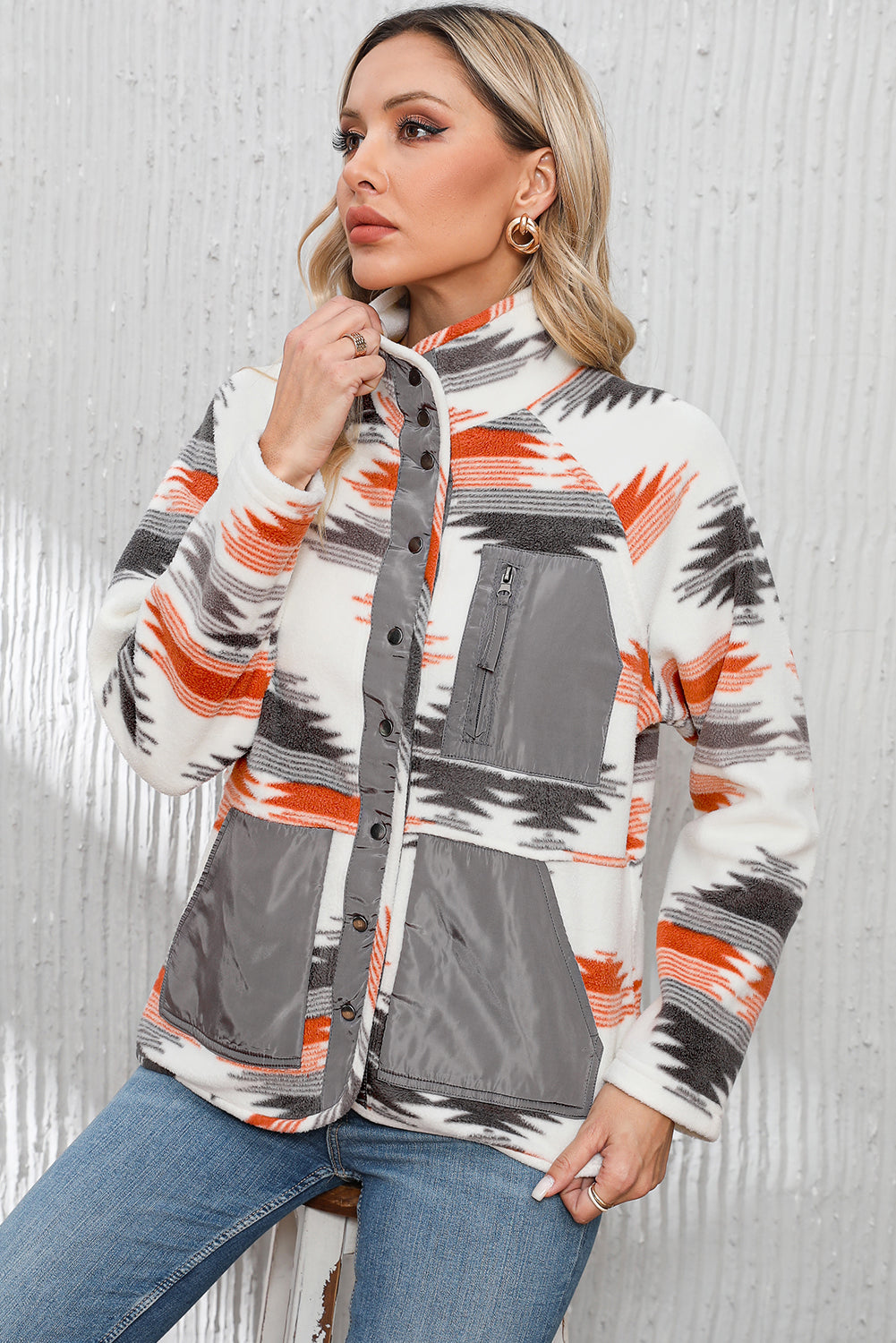 Multicolour Aztec Fleece Patchwork Snap Button Jacket