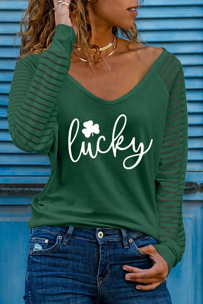 Green Clover Lucky Pattern Sheer Striped Long Sleeve Top