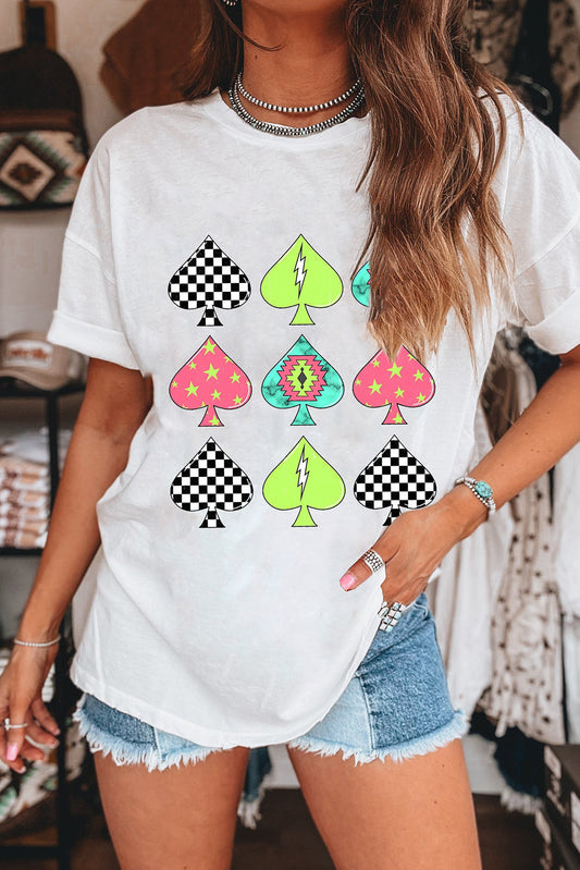 White Western Spades Graphic Round Neck T Shirt