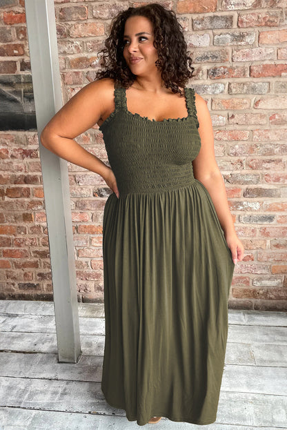 Amazon Rainforest Green Ruched Bodice Sleeveless Plus Size Full-Length Dress