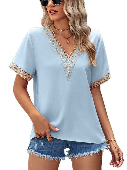 T-Shirts - Lace Paneling V-Neck Solid Color T-Shirt - MsDressly