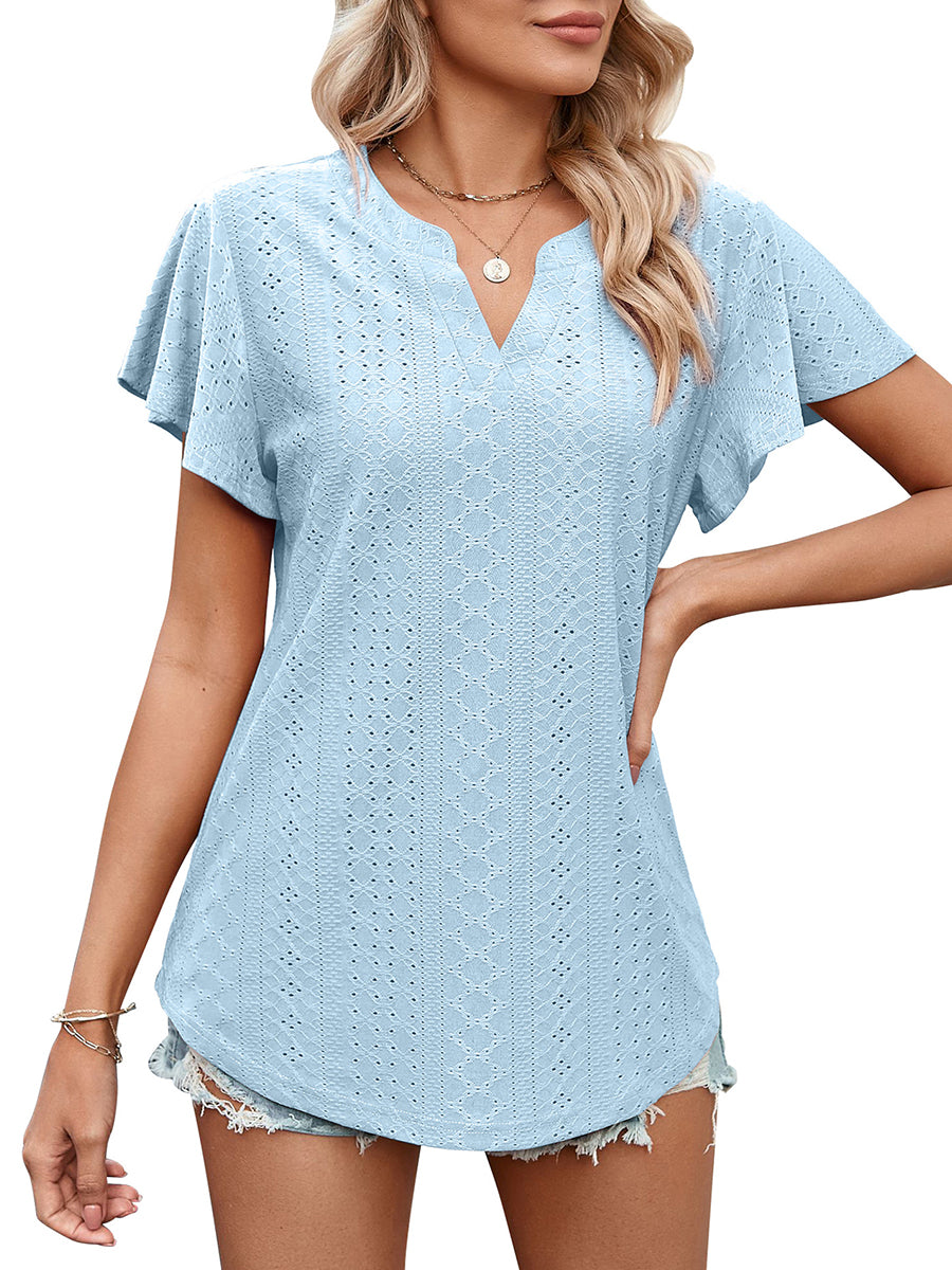 T-Shirts - Solid Color Hollow V-Neck Ruffle Sleeve Casual T-Shirt - MsDressly