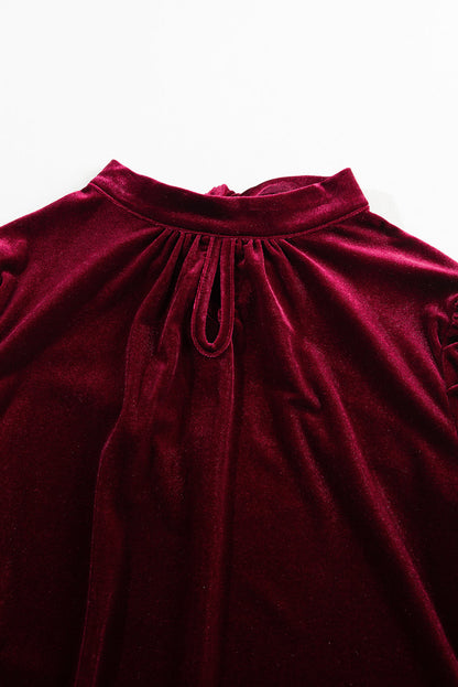 Fiery Red Mock Neck Puff Sleeve Velvet Blouse