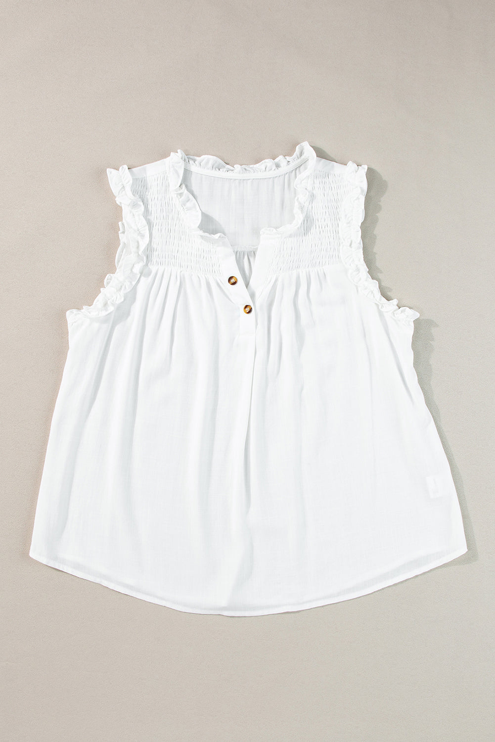 White Button Split Neck Ruffled Trim Tank Top