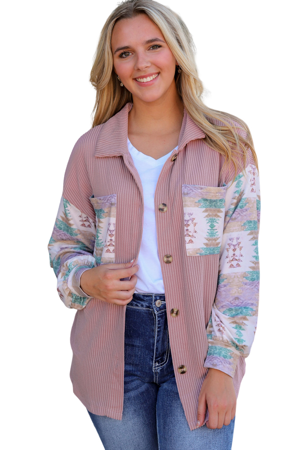 Pink Toltec Corduroy Contrast Shacket