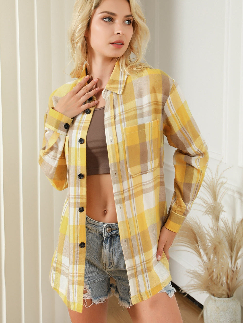 Lapel Collar Single Breasted Loose Plaid Wool Coat