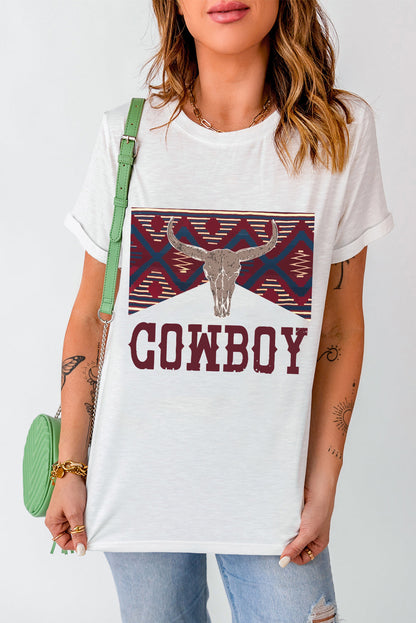 White COWBOY Western Steer Head Print Round Neck T Shirt