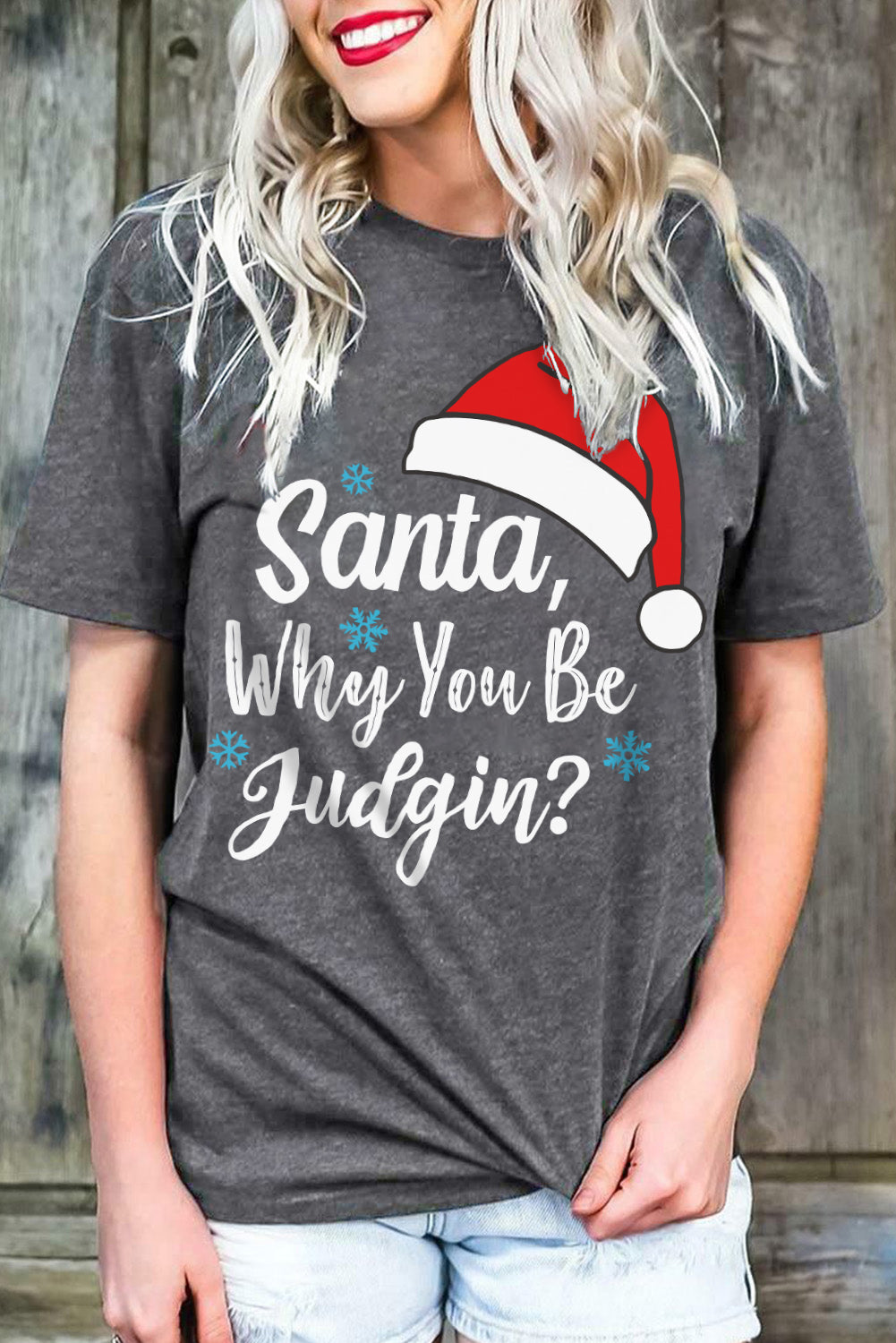 Gray Christmas Santa Hat Snowflake Slogan T-Shirts