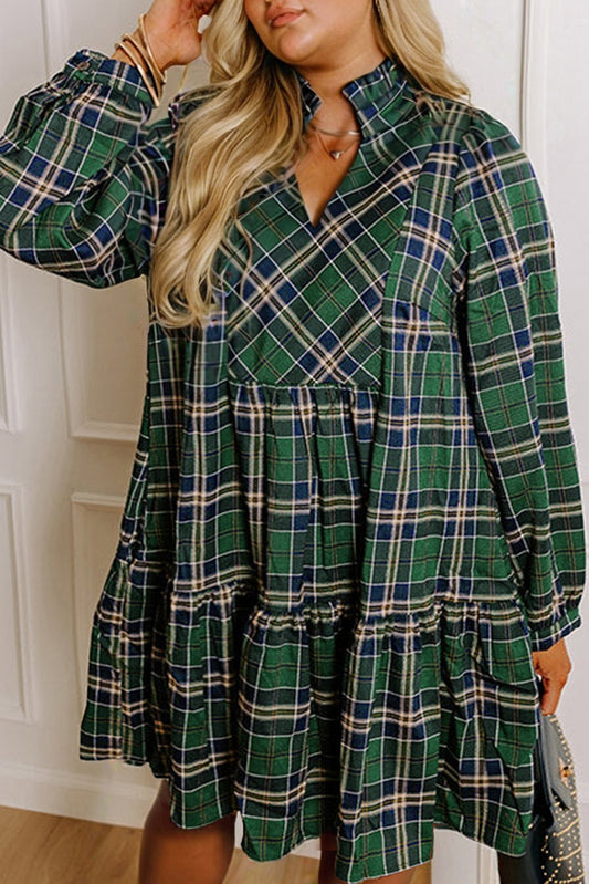 Green Plus Size Plaid Long Sleeve Notched Neck Shift Mini Dress