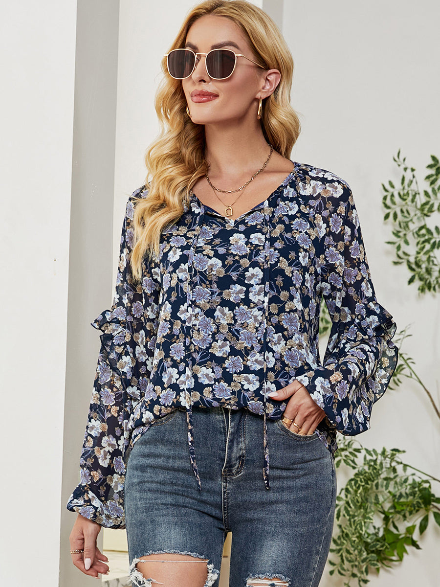 Long Sleeve Floral Printed Loose Chiffon T-Shirt