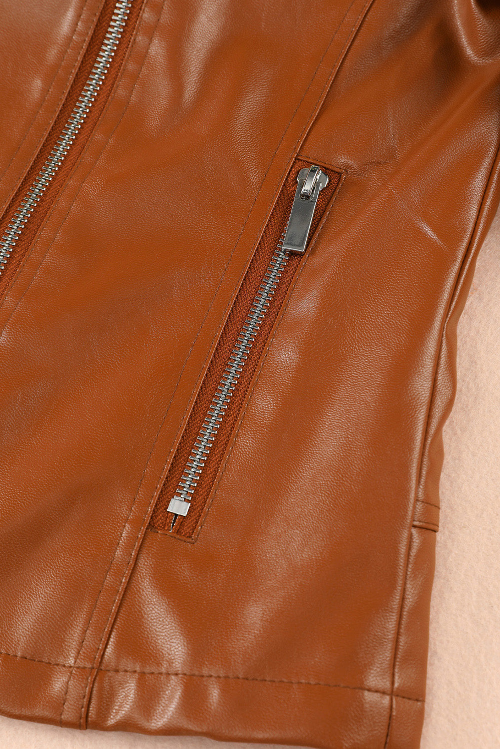 Brown Ribbed Seam Detail Faux Leather Zipped Motorcycle Jacket