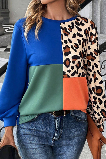 Dark Blue Leopard Print Colorblock Long Sleeve Top