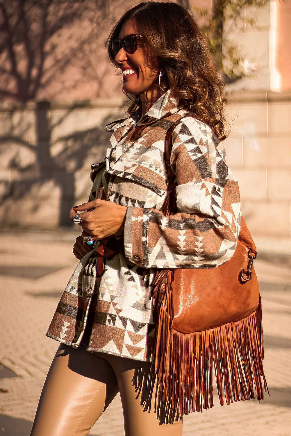 Brown Aztec Print Flap Pocket Button-up Jacket