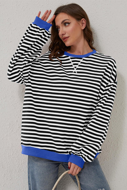 Black Stripe Oversized Contrast Trim Pullover Sweatshirt