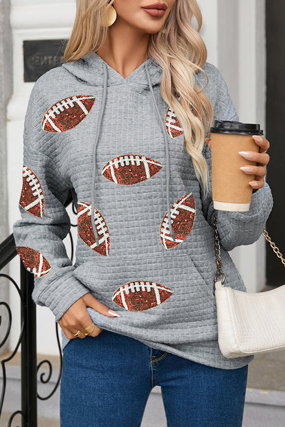 Gray Sequin Rugby Football Waffle Knit Kangaroo Pocket Loose Hoodie