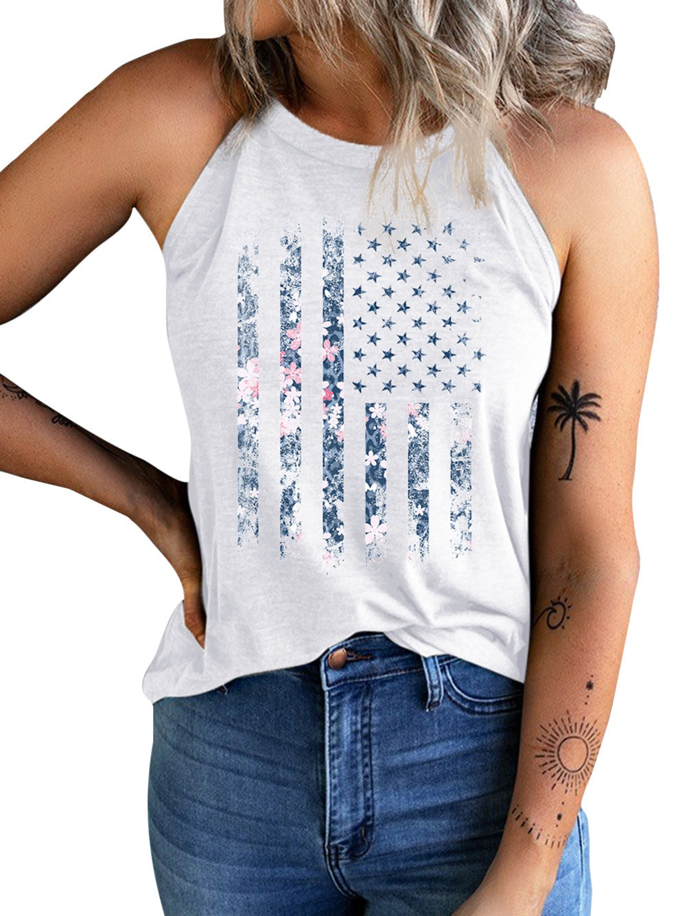 American Flag Floral Print Halter Tank Top