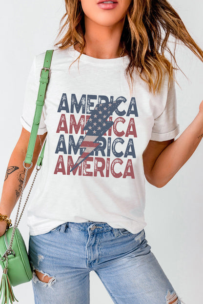 AMERICA Flag Lightning Print White Tee