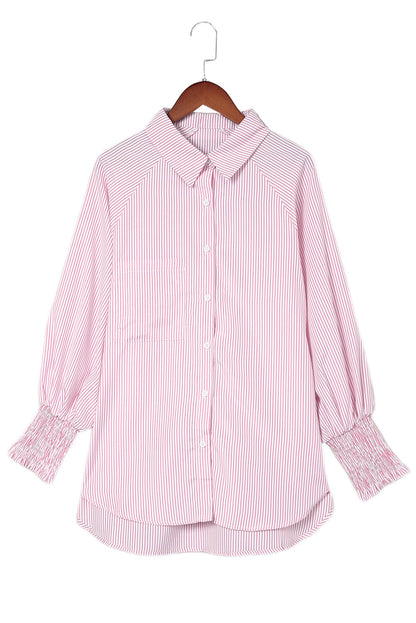 Pink Smocked Cuffed Striped Boyfriend Shirt with Pocket