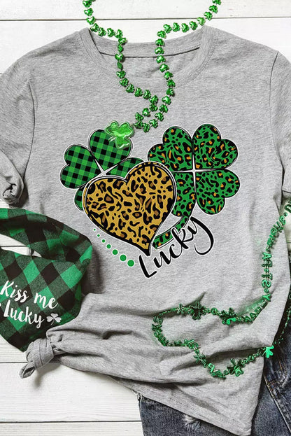 Gray Leopard Plaid Heart Clover Graphic T Shirt