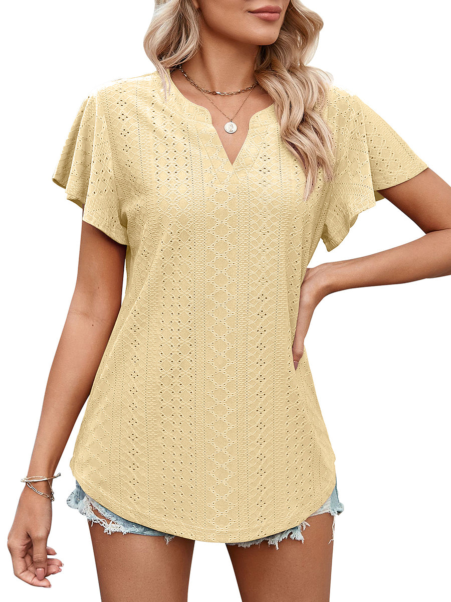 T-Shirts - Solid Color Hollow V-Neck Ruffle Sleeve Casual T-Shirt - MsDressly