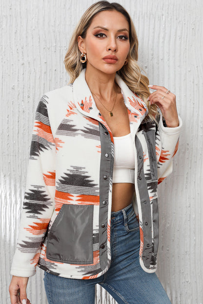 Multicolour Aztec Fleece Patchwork Snap Button Jacket