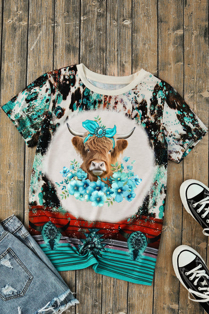 Green Western Cow Head & Flower Print Crewneck T Shirt