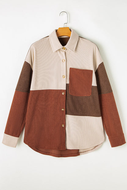 Cinnamon Colorblock Curved Hem Corduroy Shacket with Pocket